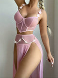 Sexy lingerie set with see-through mesh skirt and pearl chain