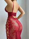 Red Lace Hollow-Out Sexy Bodycon Lingerie Dress