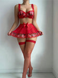Sexy red embroidered see-through seductive lingerie set (3 pieces)