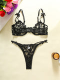 Heart-embroidered mesh see-through bow sexy lingerie two-piece set