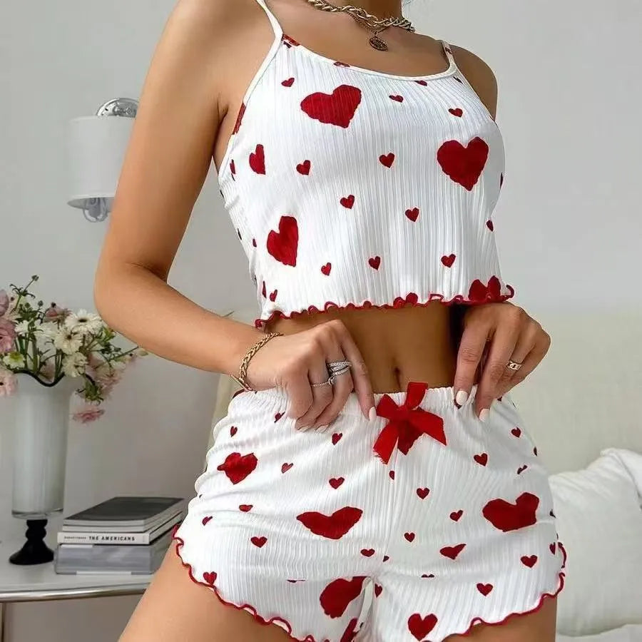 Heart Print Knit Bodycon Sleeveless Pajama Set — 2 Pieces