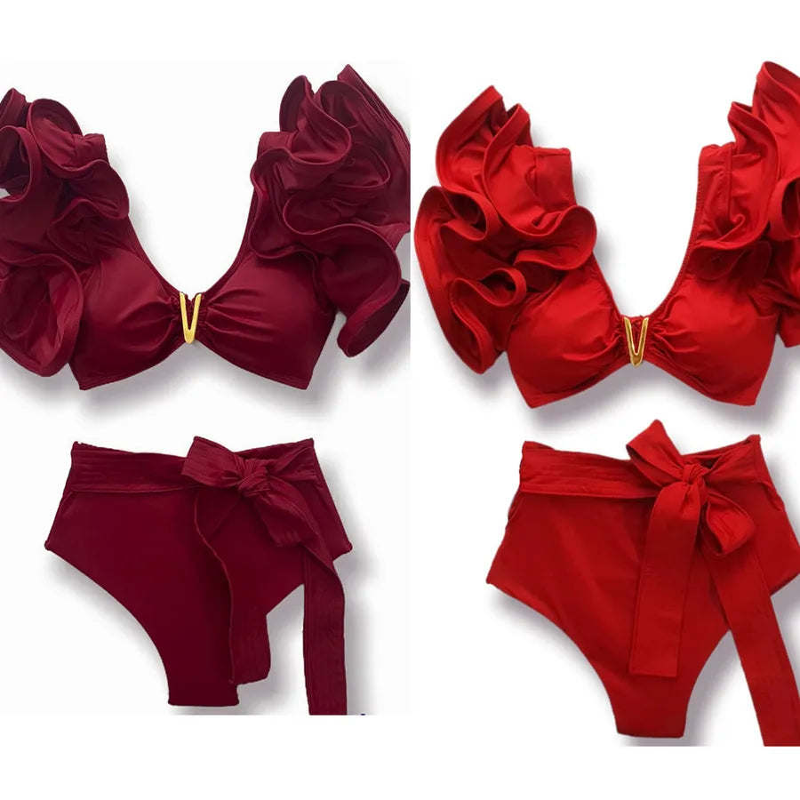 Red Ruffle Shoulder High-Waist Bikini Set