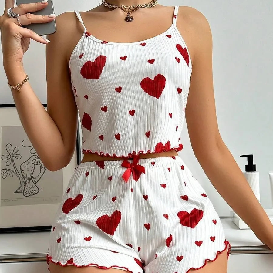 Heart Print Strappy Casual Pit Pajama Set